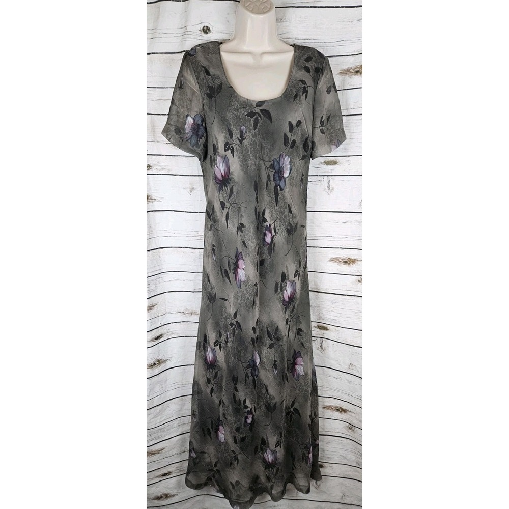 Vintage Fairy Grunge Gray Green Floral Dress 12 Midi 90's Y2K Bias Cut Crinkle